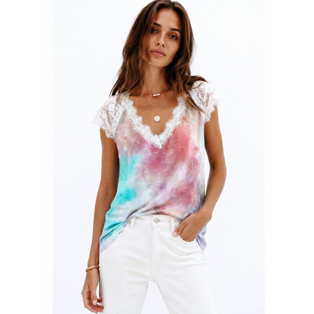 Boutique NEW Lace Tie Dye Boho Top Pastel Cottagecore Festival Tee Y2K Small